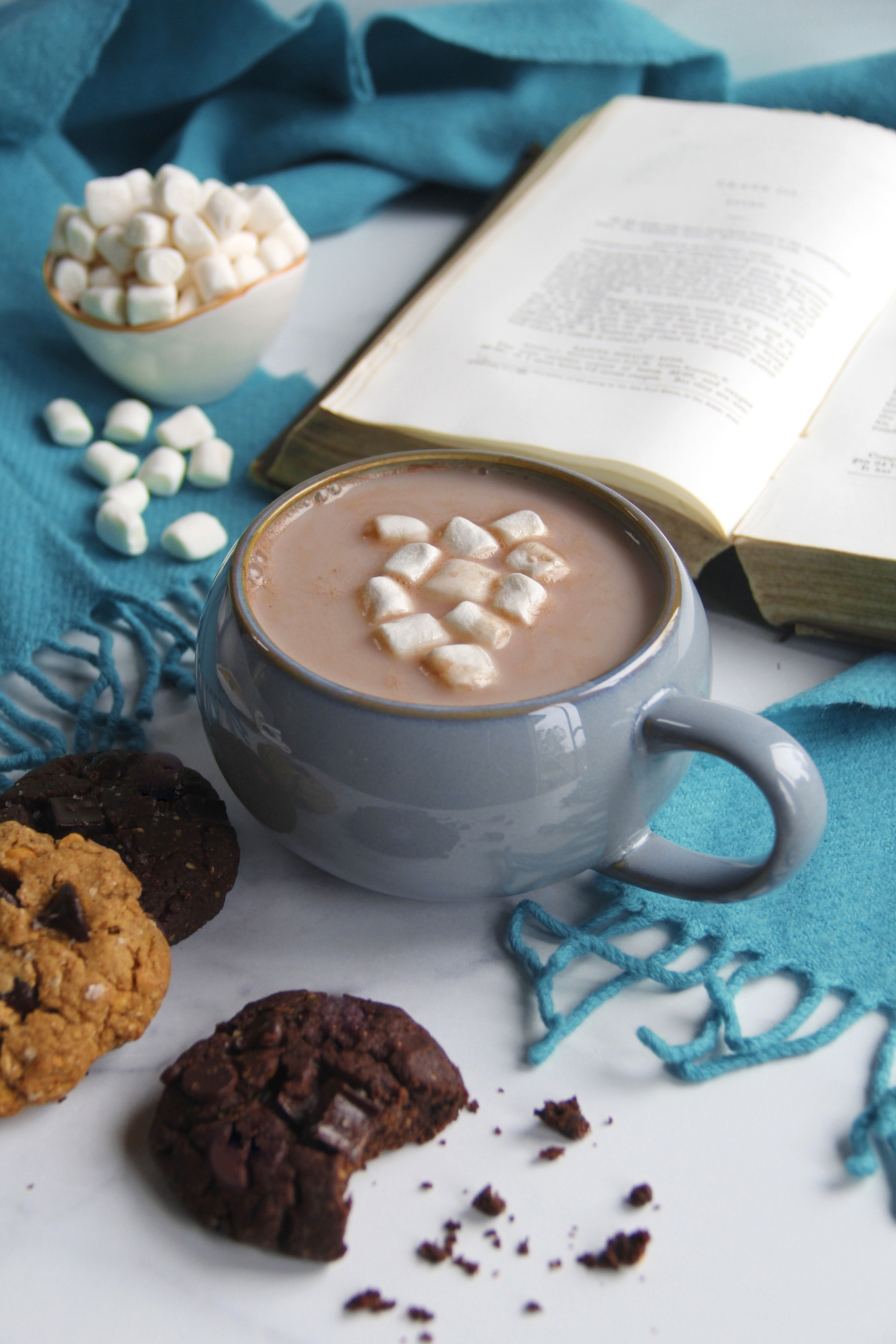 A mug of hojicha hot chocolate with mini marshmallows, surrounded by cookies, more marshmallows, and an open book on a teal blanket.