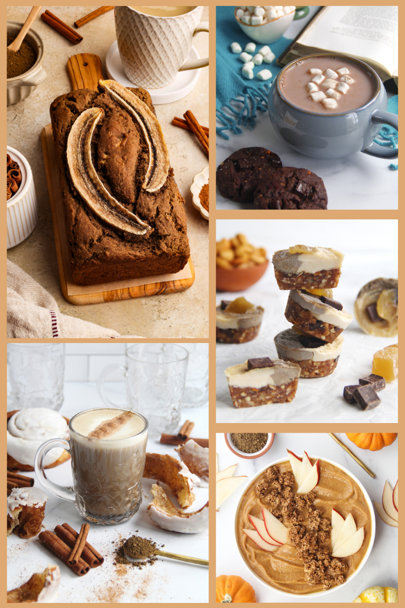 Collage of five cozy hojicha recipes, including banana bread, hot chocolate, cheesecake bites, cinnamon latte, and a smoothie bowl.