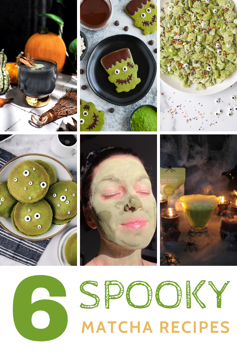 Collage of six Halloween-themed matcha recipes including spooky cookies, pancakes, face mask, and green cocktail with title text "6 Spooky Matcha Recipes"