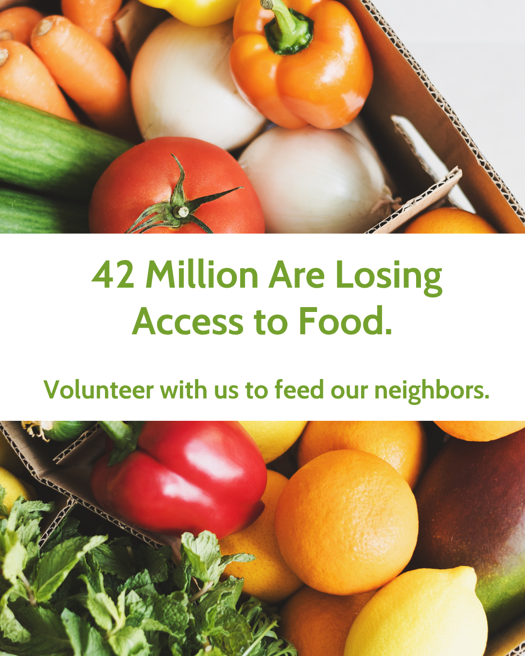Image of produce in cardboard box with the text "42 mililon are losing access to food. Volunteer with us to feed our neighbors"
