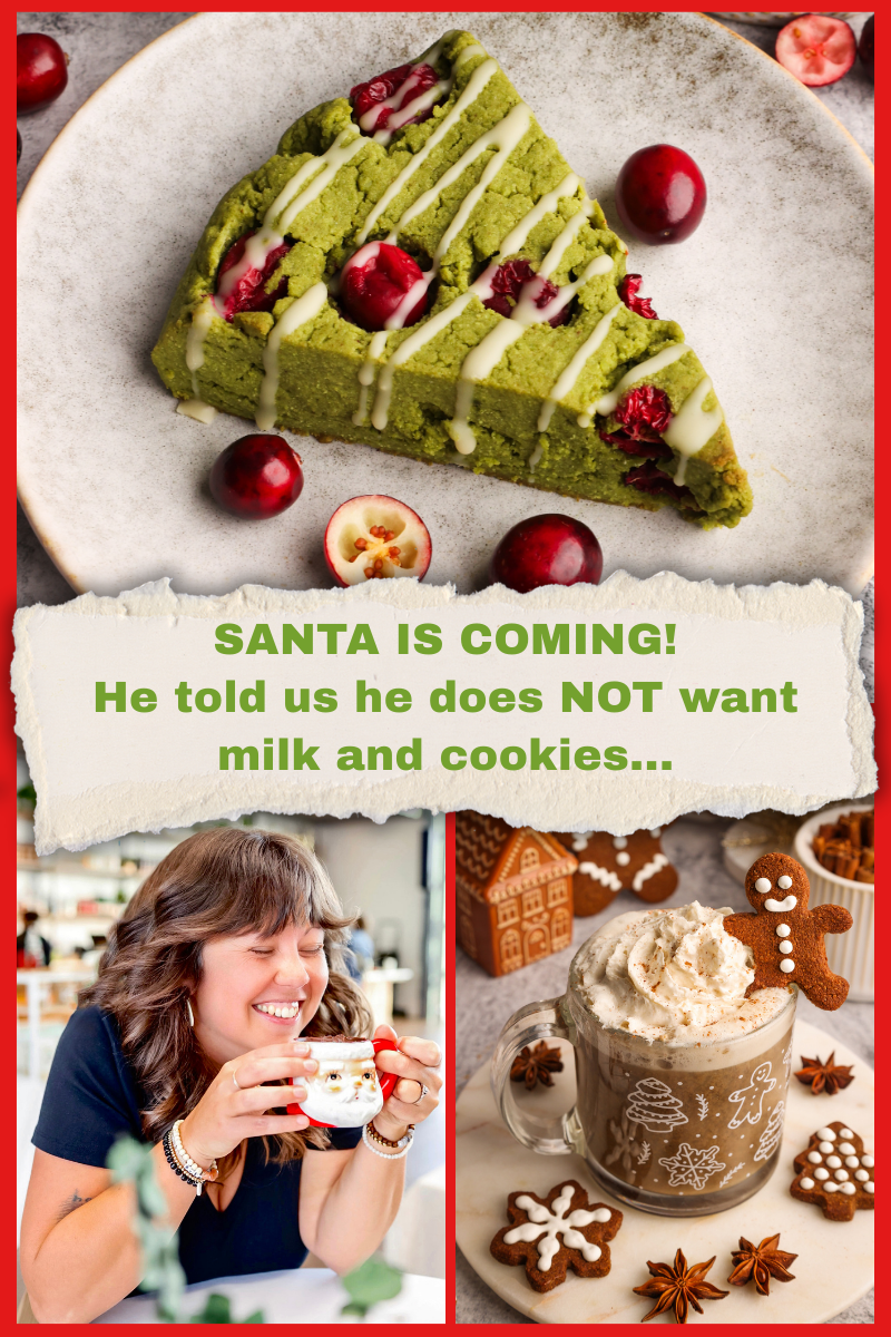 Holiday-themed collage with matcha cranberry scone, festive hojicha latte, and a person enjoying a drink from a Santa mug, promoting a cozy alternative to milk and cookies.