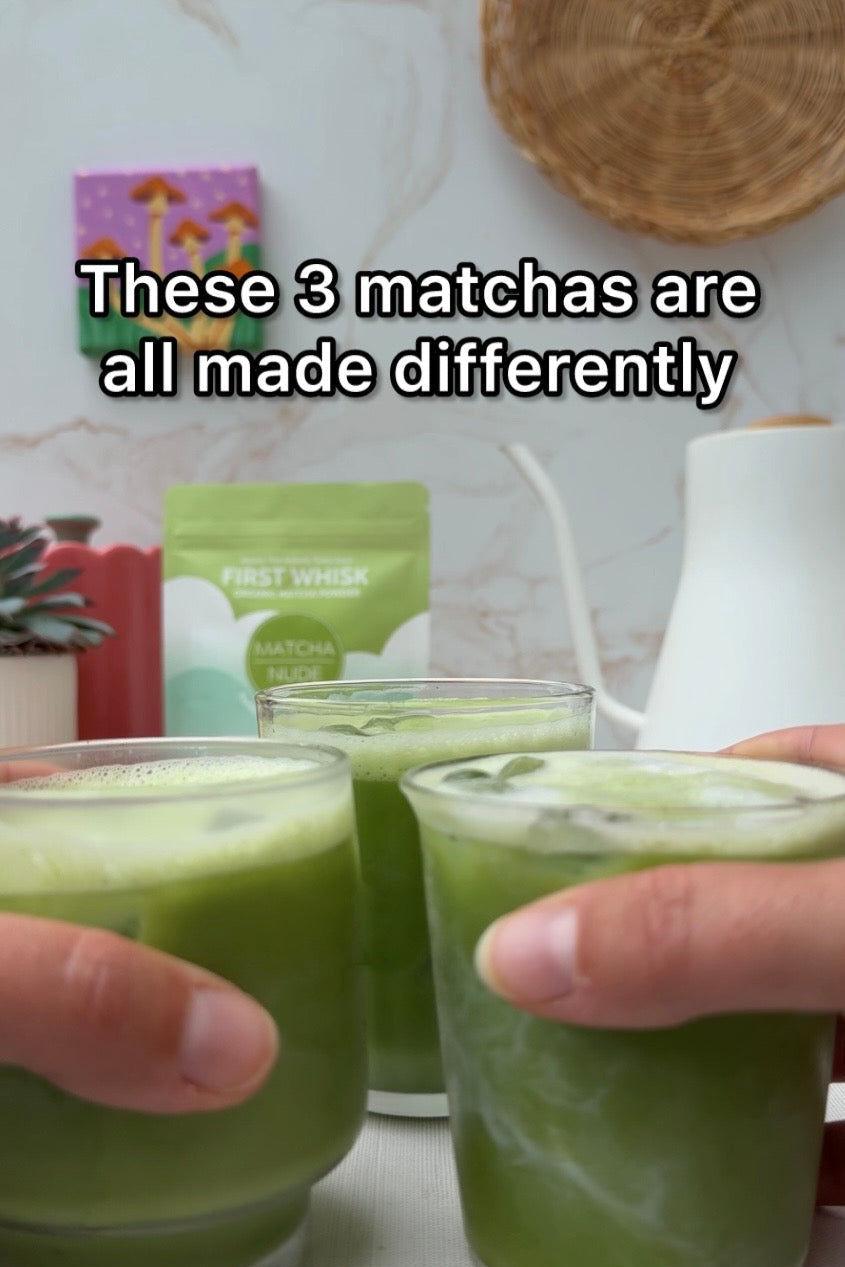 Three iced matcha drinks made using different methods with Matcha Nude First Whisk pouch in background