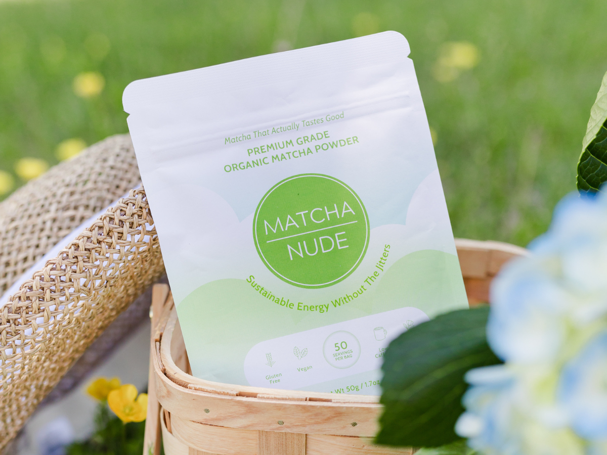 Matcha Nude 50 serving bag of premium grade organic matcha that actually tastes good. Sustainable Energy without the jitters in a picnic basket