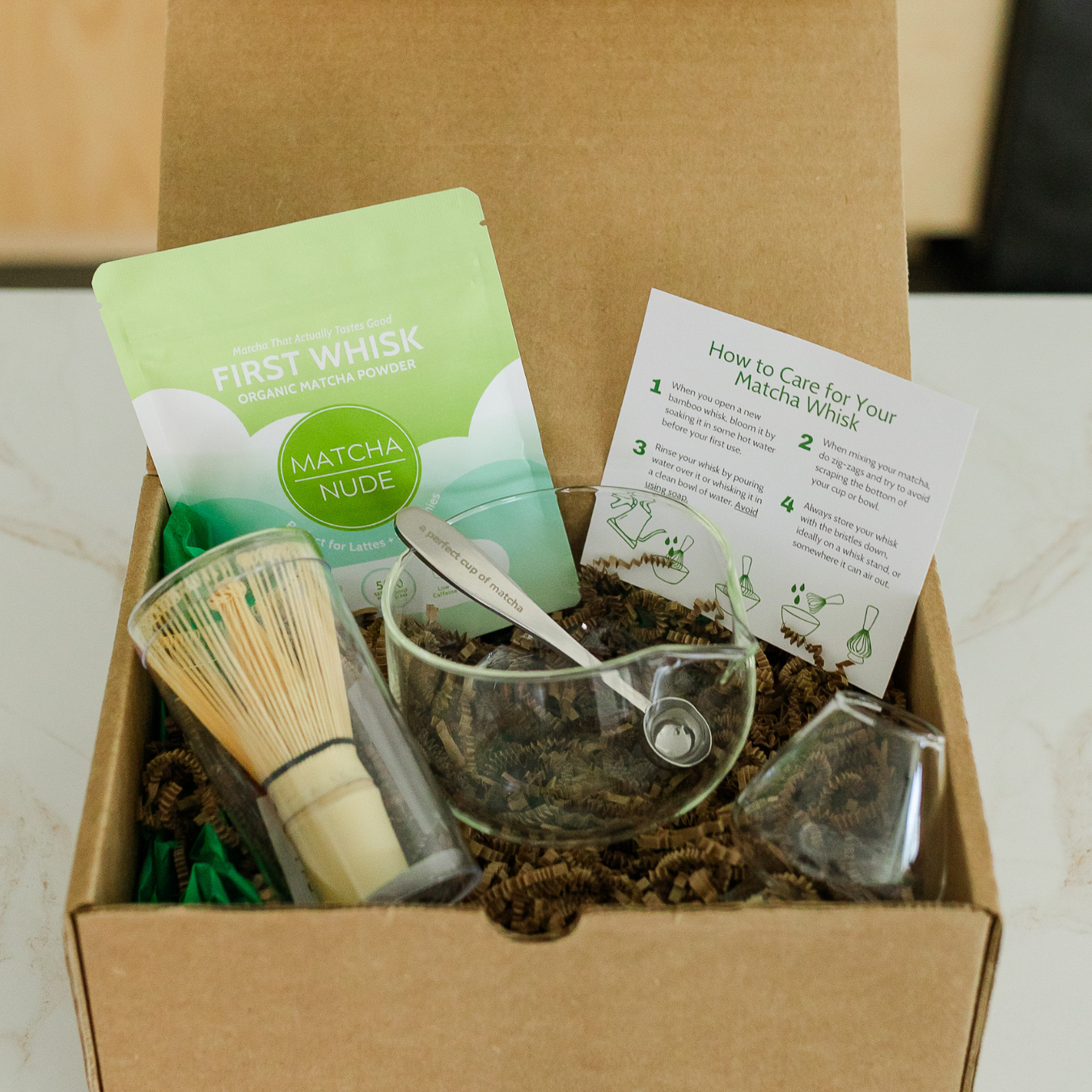 First Whisk Matcha gift set with bamboo whisk, glass bowl and preparation tools