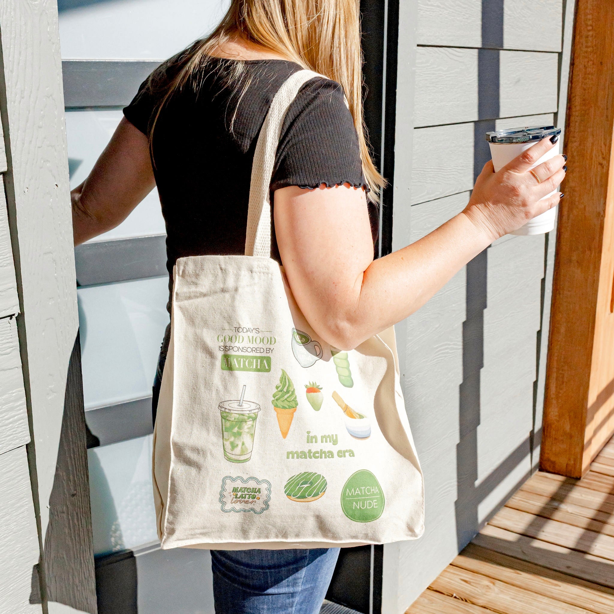 Natural canvas tote bag with matcha graphics – hand-printed by Moonlight Makers in Asheville, NC