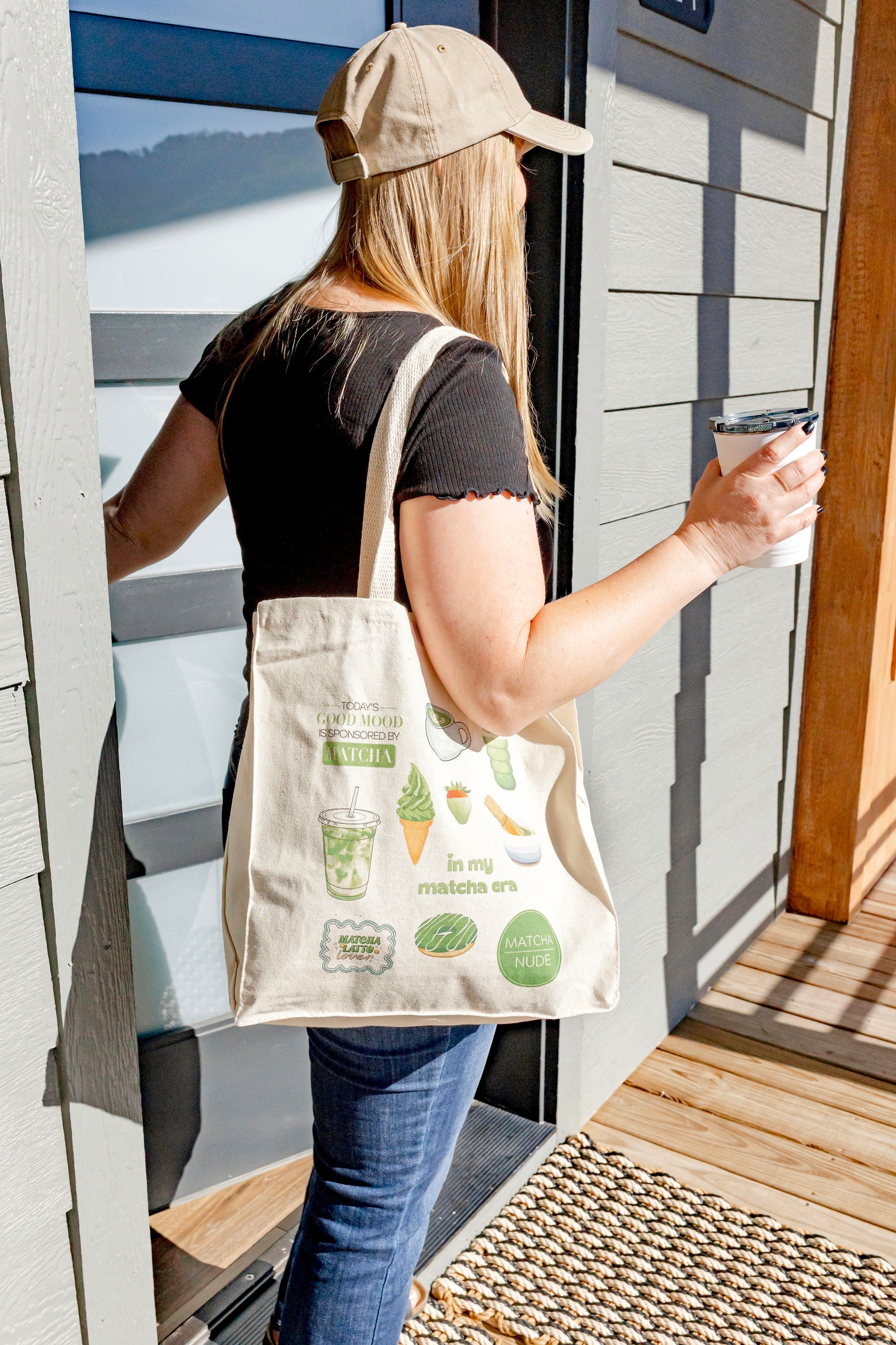 Natural canvas tote bag with matcha graphics – hand-printed by Moonlight Makers in Asheville, NC