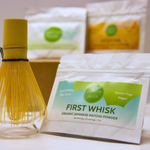 Matcha Nude First Whisk organic matcha sampler bag beside bamboo whisk