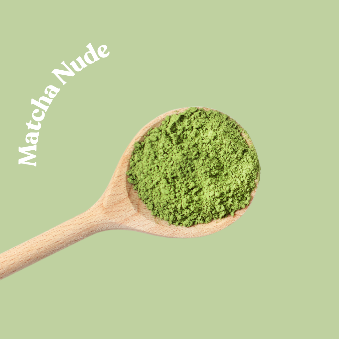 A wooden spoon filled with bright green matcha powder on a solid light green background, with the text 'Matcha Nude' written in white script in the upper left.