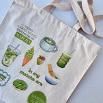 Natural canvas tote bag with matcha graphics – hand-printed by Moonlight Makers in Asheville, NC