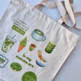 Natural canvas tote bag with matcha graphics – hand-printed by Moonlight Makers in Asheville, NC