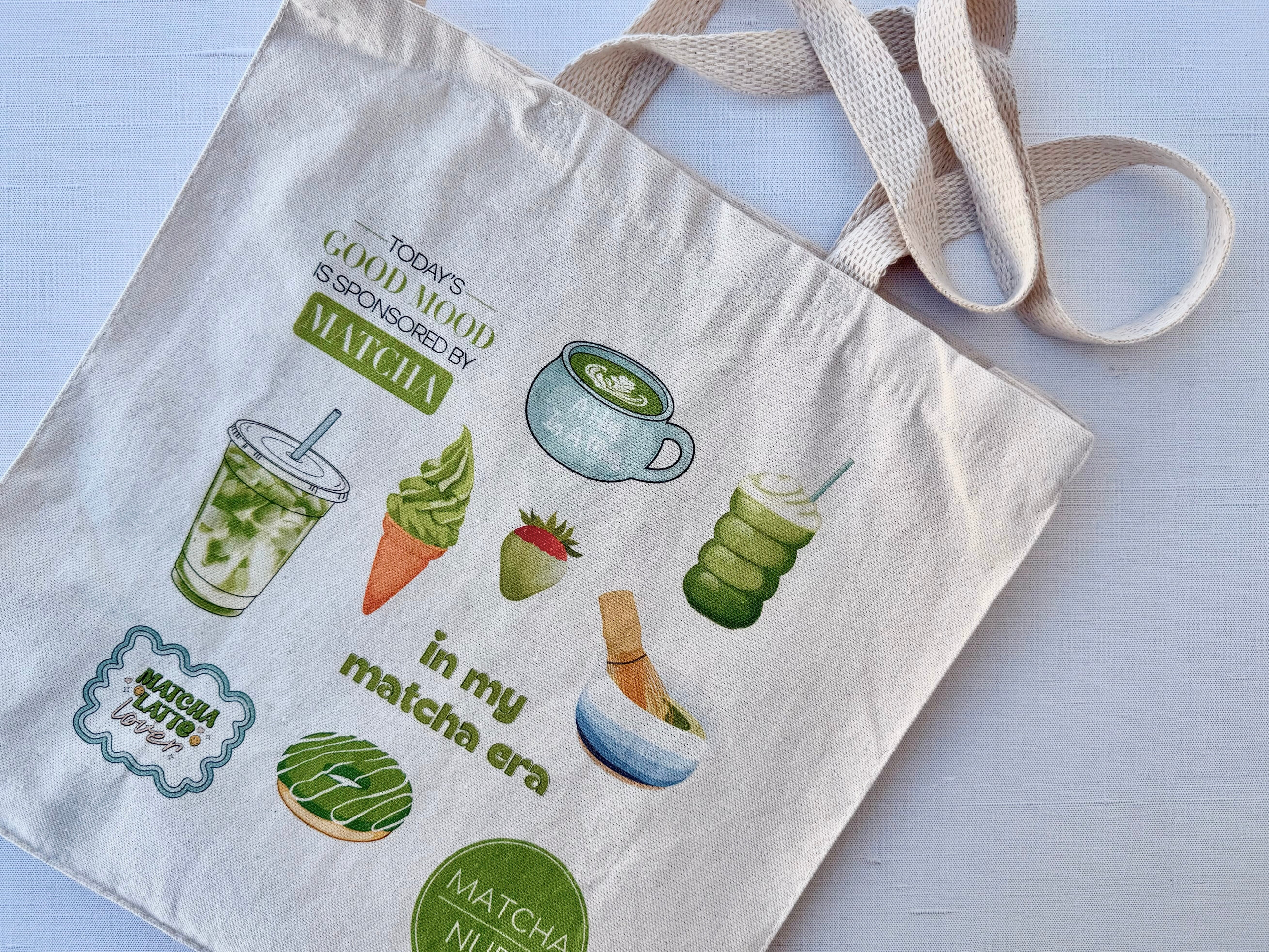 Natural canvas tote bag with matcha graphics – hand-printed by Moonlight Makers in Asheville, NC