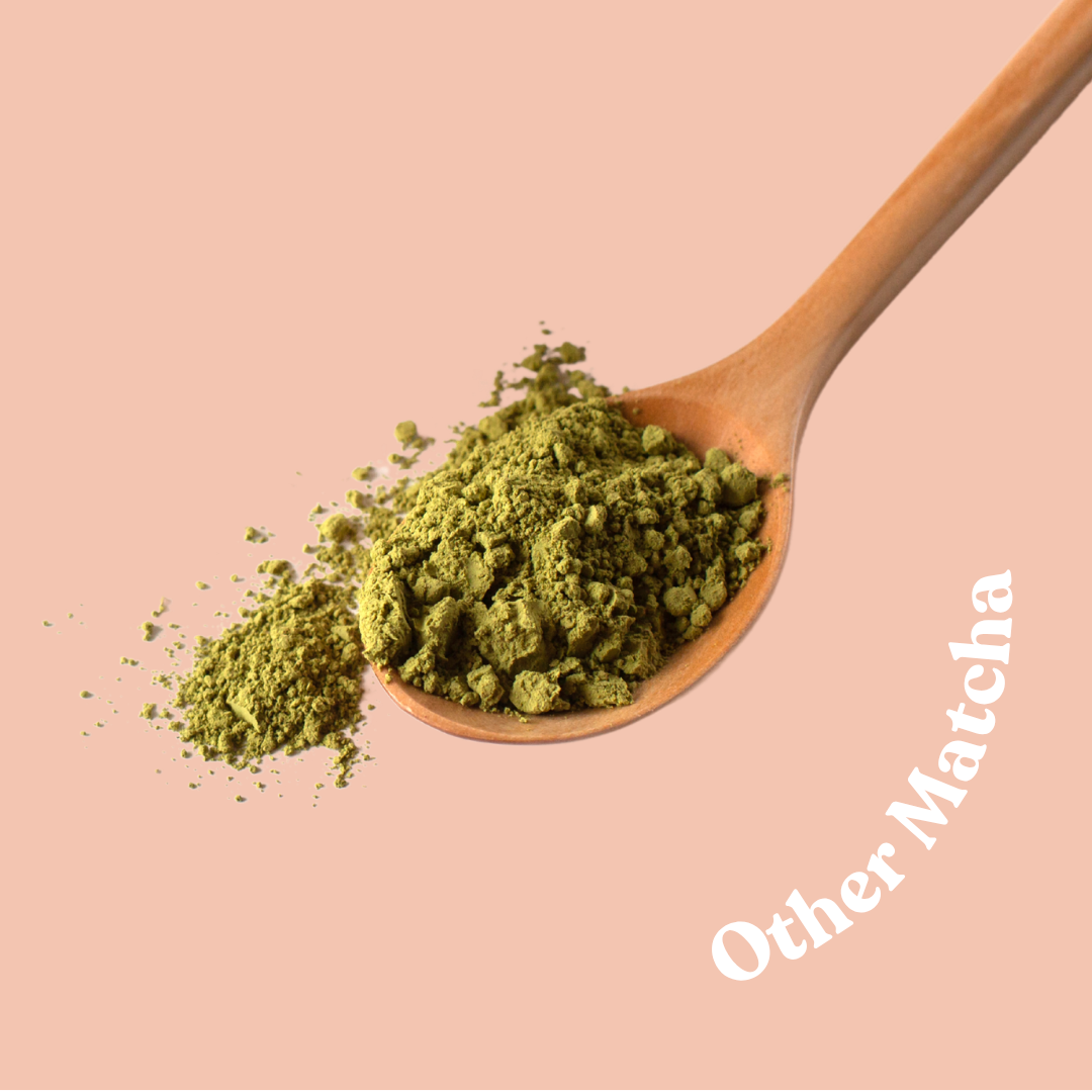 Green matcha powder piled in a wooden spoon with a small spill on a peach background, plus the text 'Other Matcha' in white.