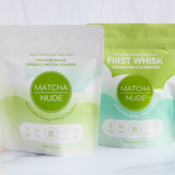 Premium matcha and First Whisk matcha bundle with two Matcha Nude pouches side by side