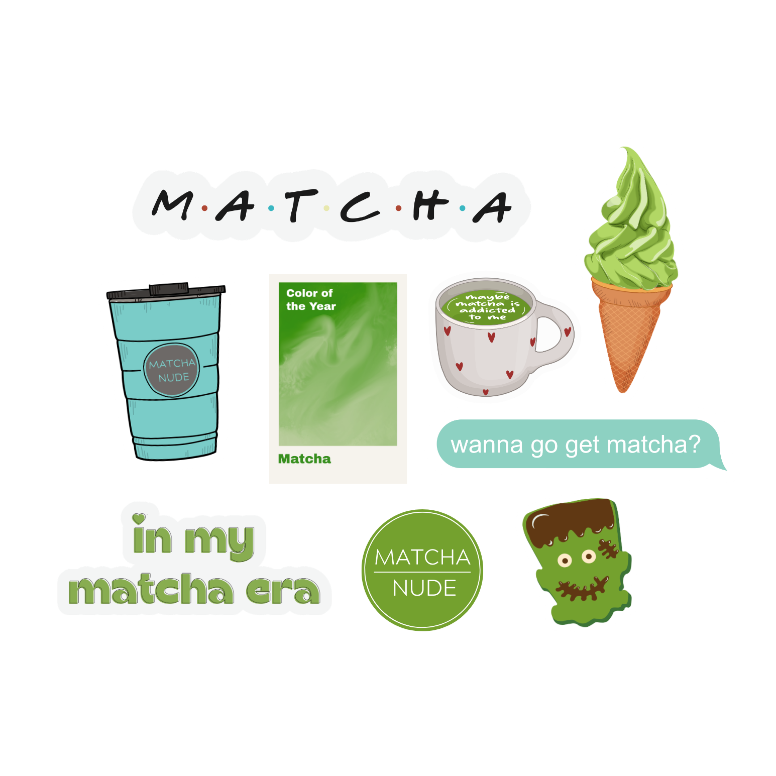 A collage of stickers for the Matcha Nude sticker bundle