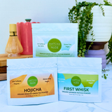 Three Matcha Nude organic tea powder sampler bags including Premium Matcha, First Whisk Matcha and Hojicha