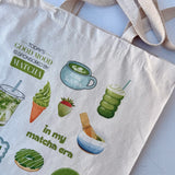 Natural canvas tote bag with matcha graphics – hand-printed by Moonlight Makers in Asheville, NC