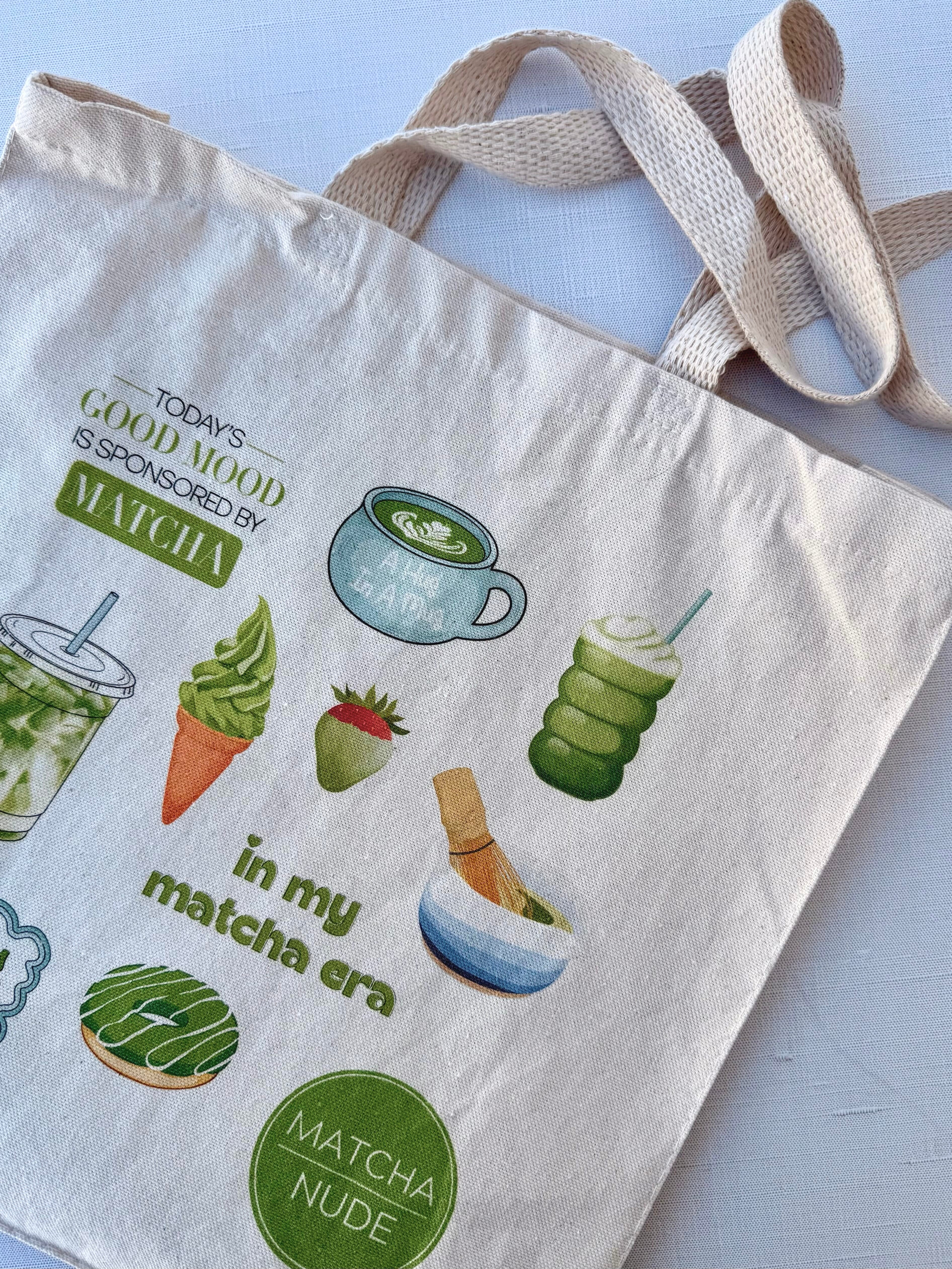 Natural canvas tote bag with matcha graphics – hand-printed by Moonlight Makers in Asheville, NC
