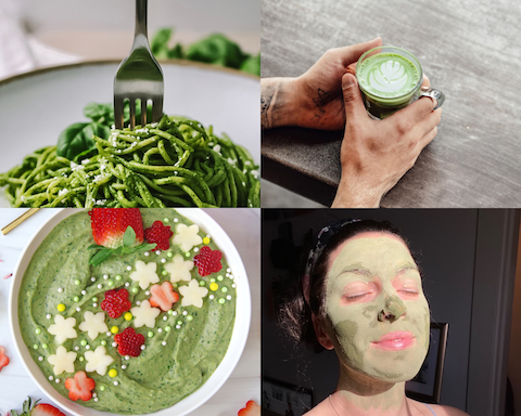 Matcha used in multiple ways including matcha pasta, matcha latte, matcha smoothie bowl, and a matcha face mask